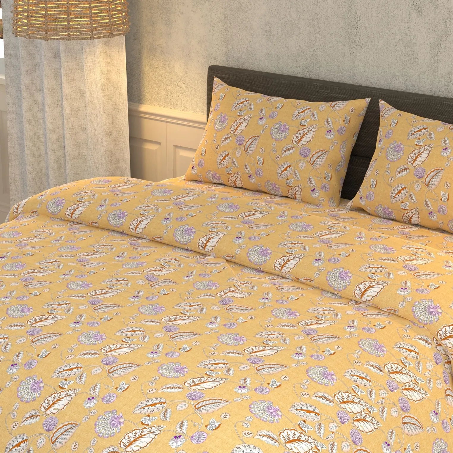 Cotton Super King Flat 180 TC Floral Bedsheet (Pack of 1, Mustard)