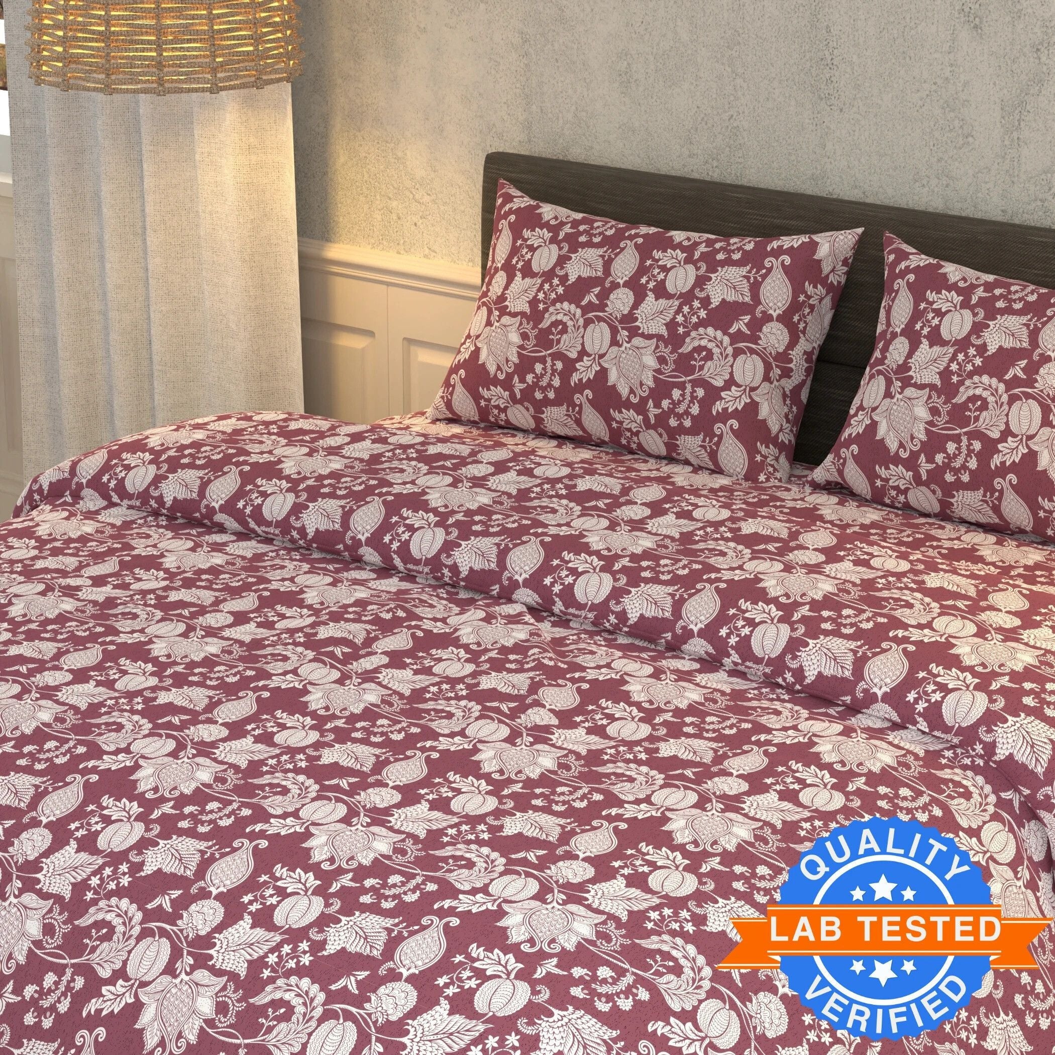 Cotton Super King Flat 180 TC Floral Bedsheet (Pack of 1, Maroon)