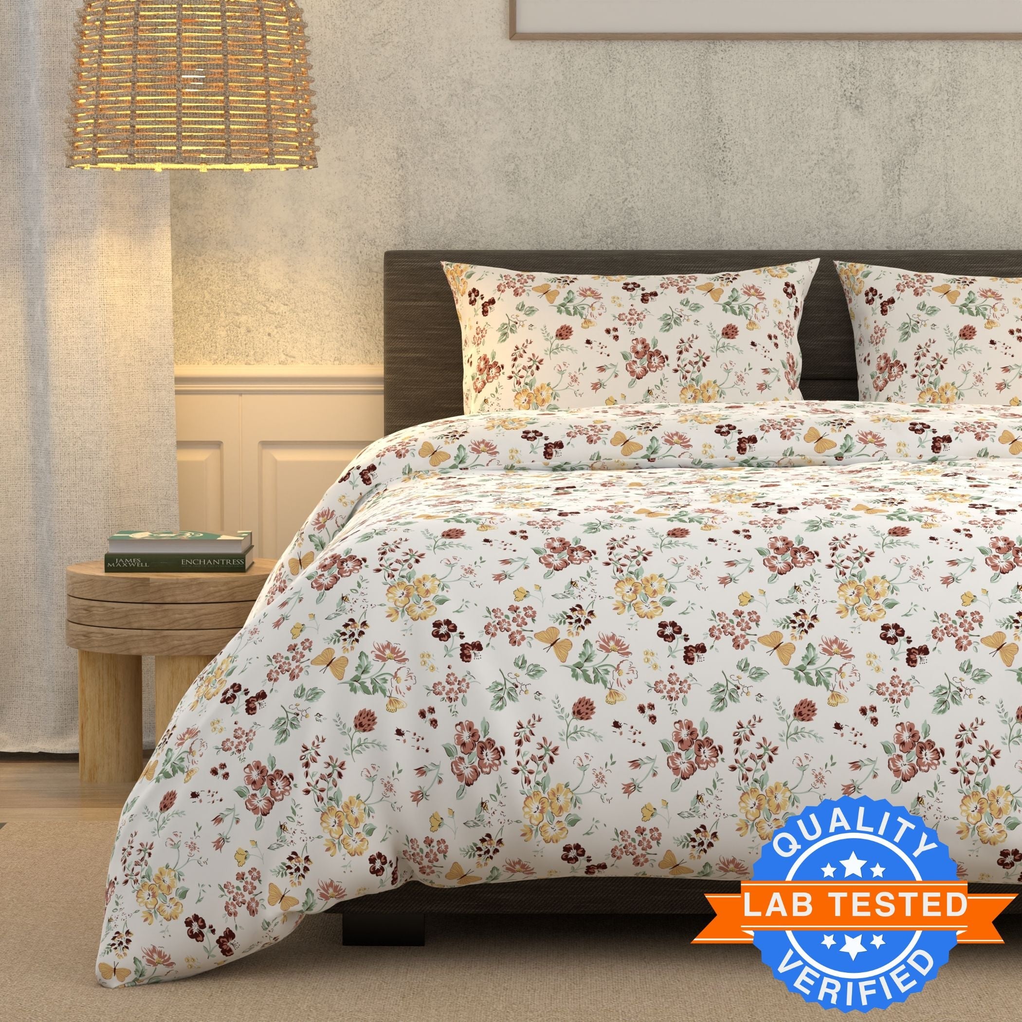 Cotton Super King Flat 180 TC Floral Bedsheet (Pack of 1, Beige)