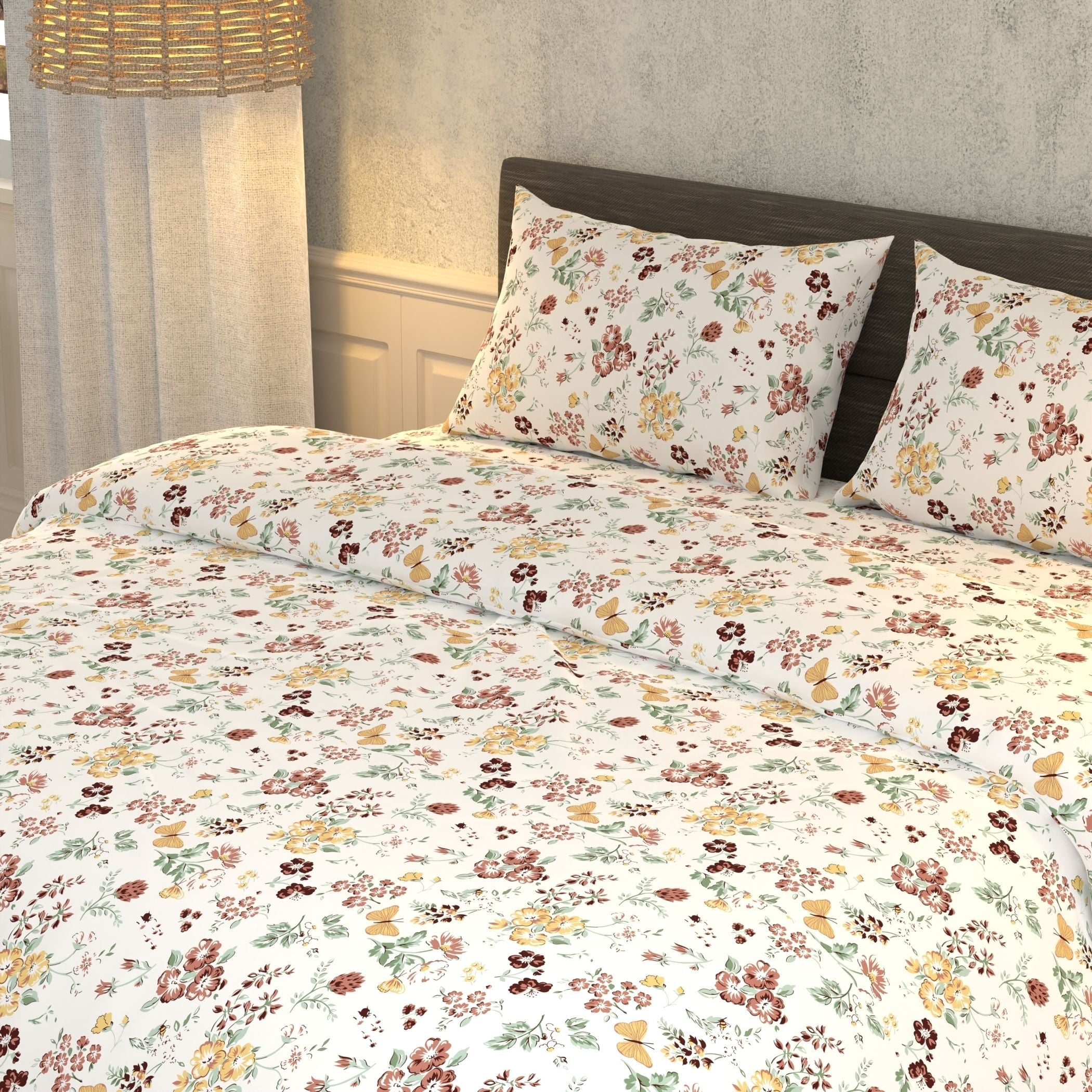 Cotton Super King Flat 180 TC Floral Bedsheet (Pack of 1, Beige)
