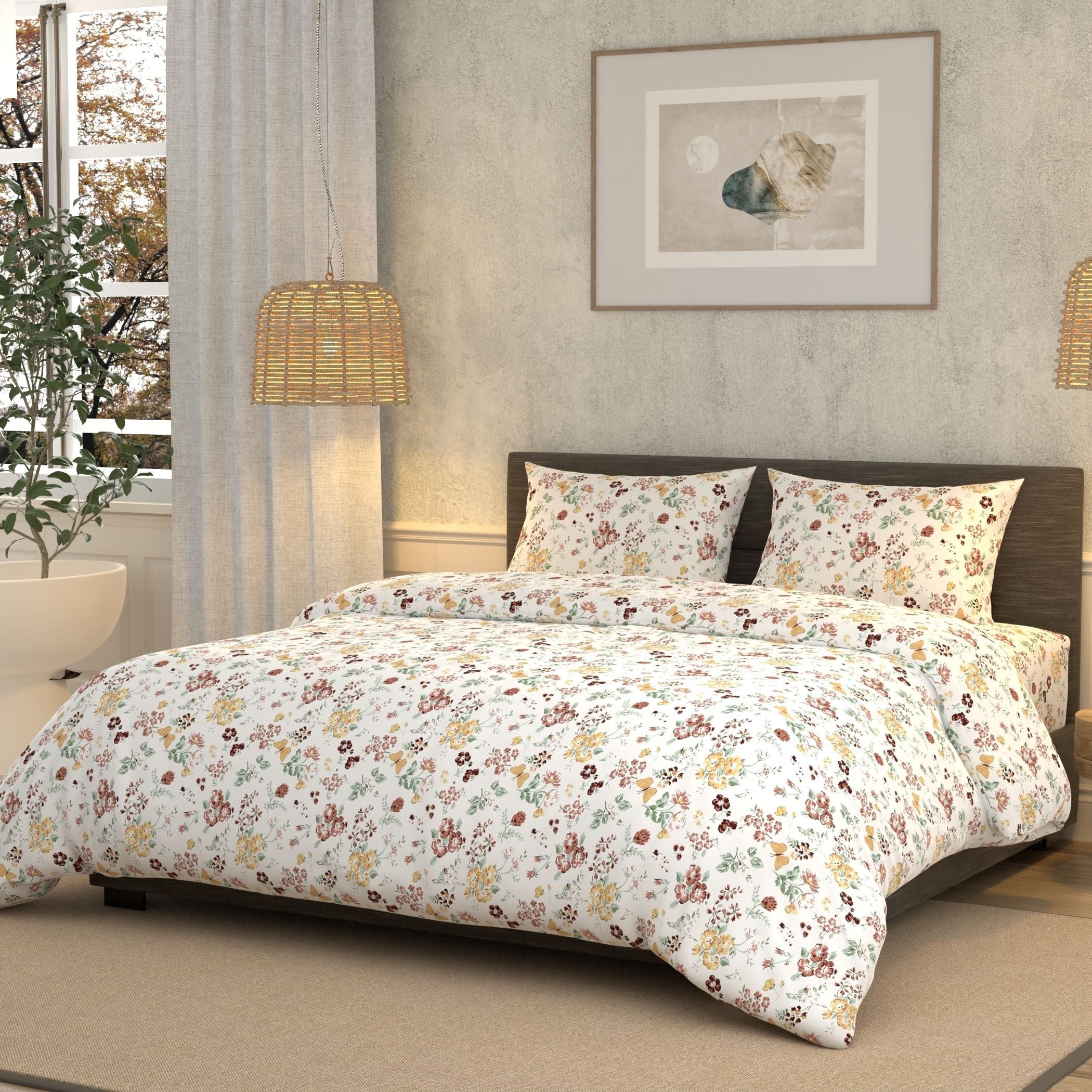 Cotton Super King Flat 180 TC Floral Bedsheet (Pack of 1, Beige)
