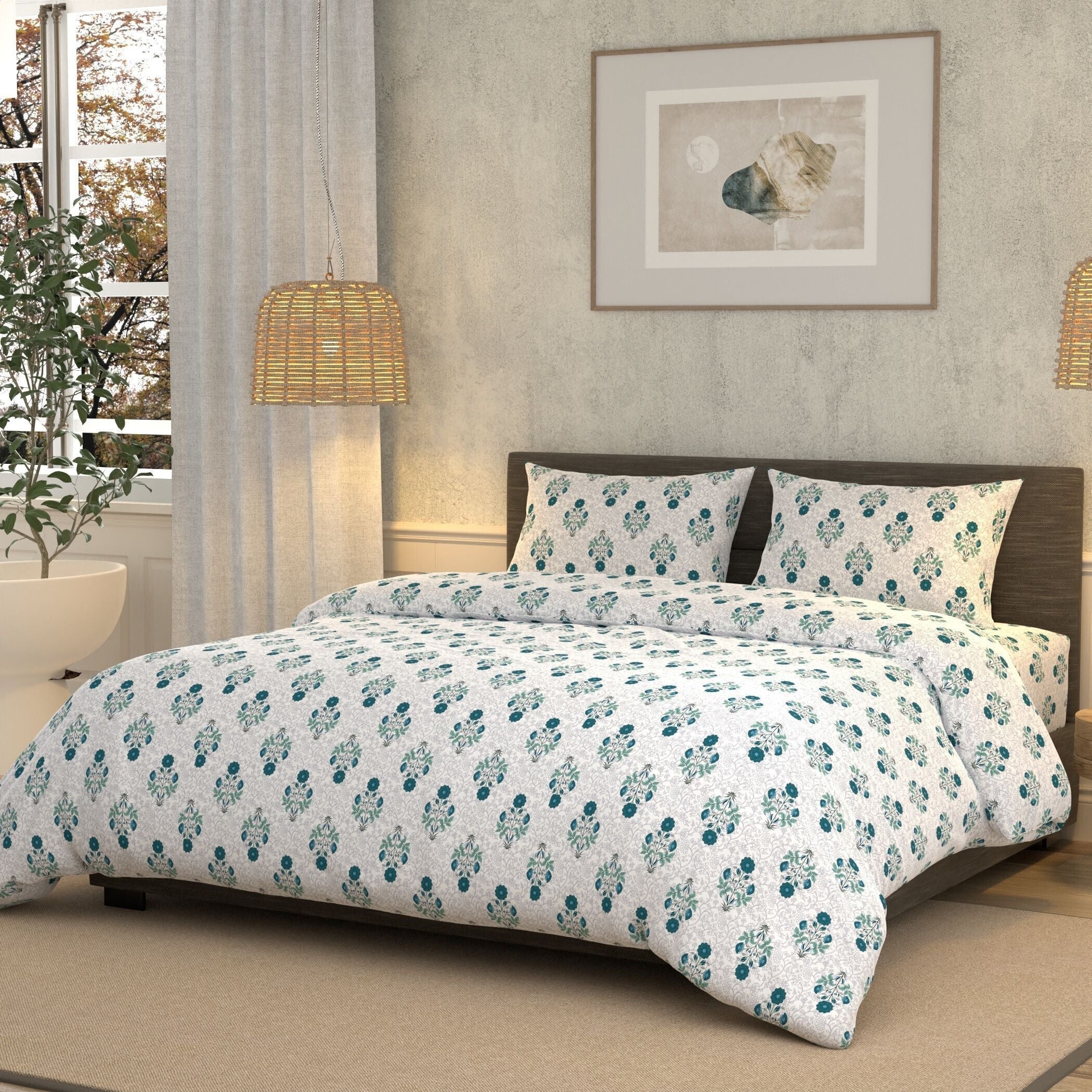 Cotton Super King Flat 180 TC Floral Bedsheet (Pack of 1, S.Blue)