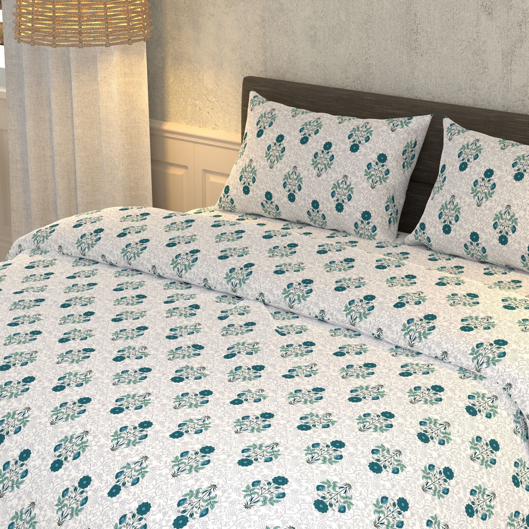 Cotton Super King Flat 180 TC Floral Bedsheet (Pack of 1, S.Blue)
