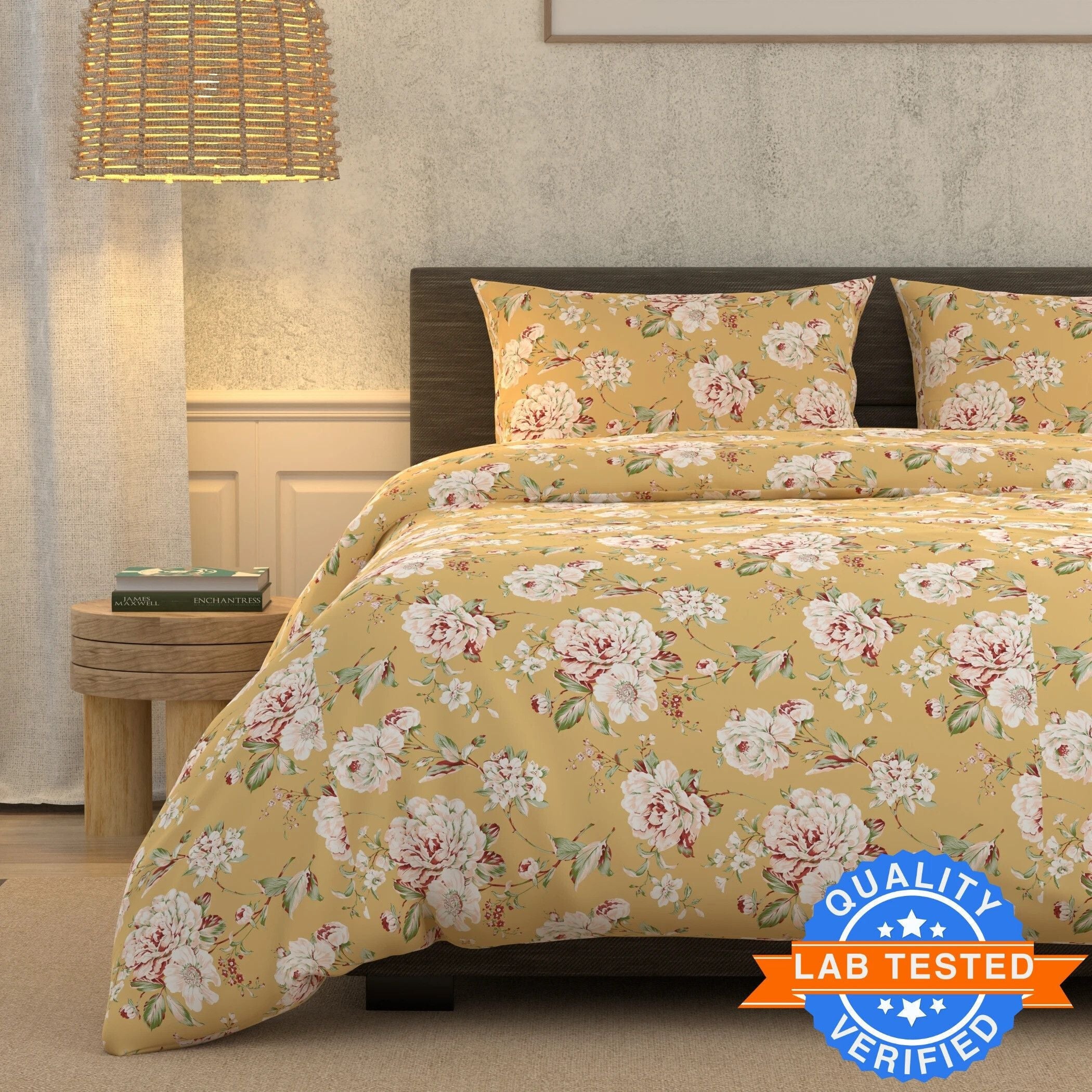 Cotton Super King Flat 180 TC Floral Bedsheet (Pack of 1, L Mustard)