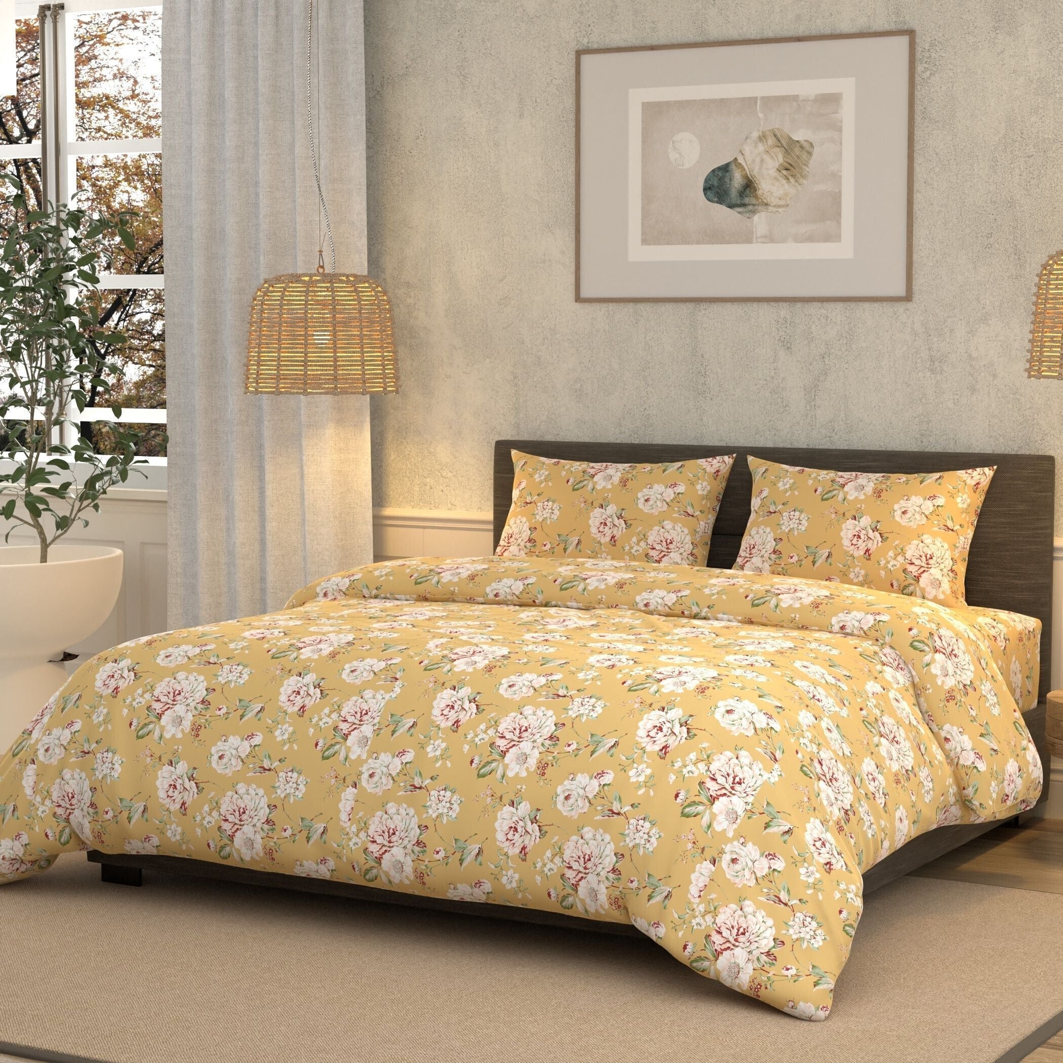 Cotton Super King Flat 180 TC Floral Bedsheet (Pack of 1, L Mustard)