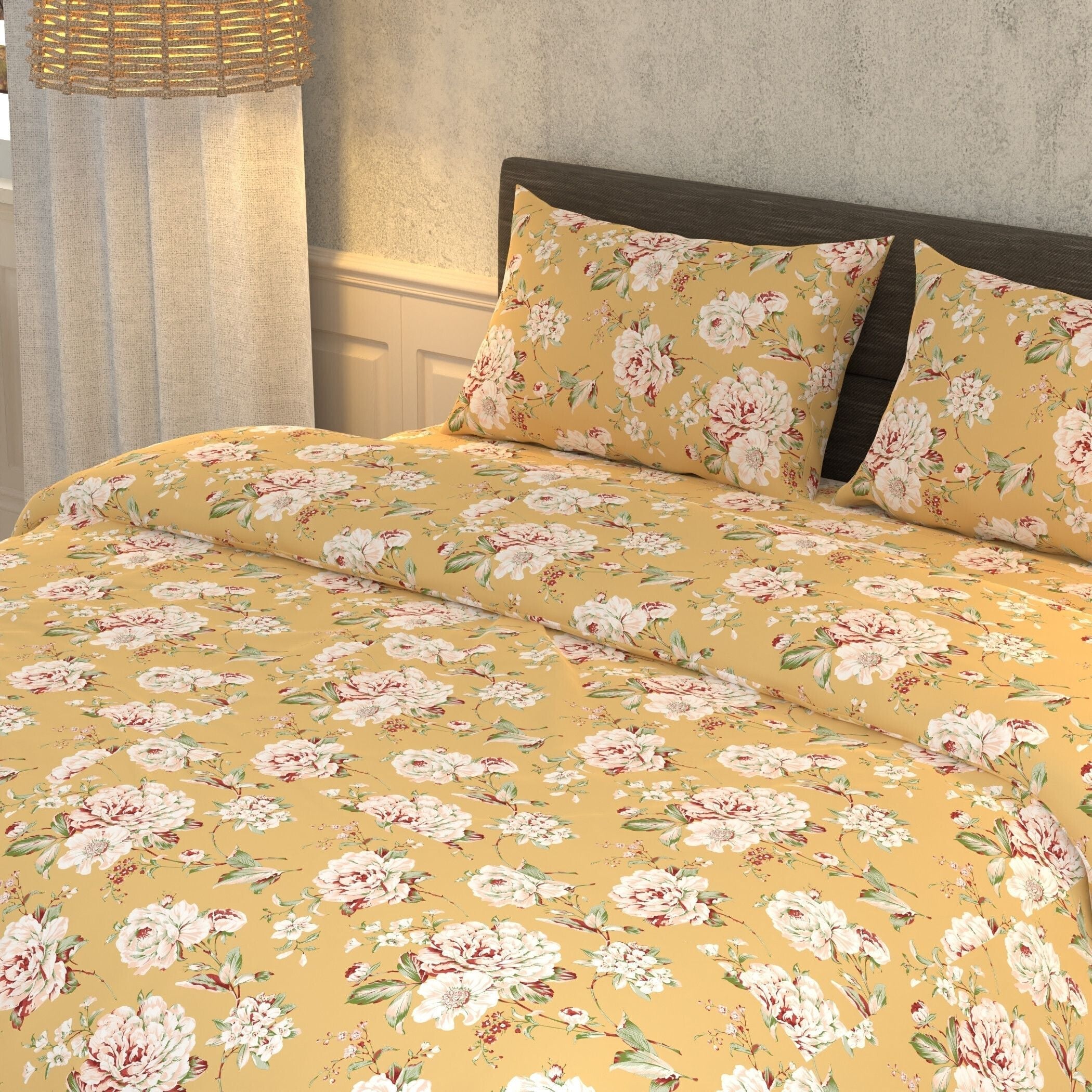 Cotton Super King Flat 180 TC Floral Bedsheet (Pack of 1, L Mustard)