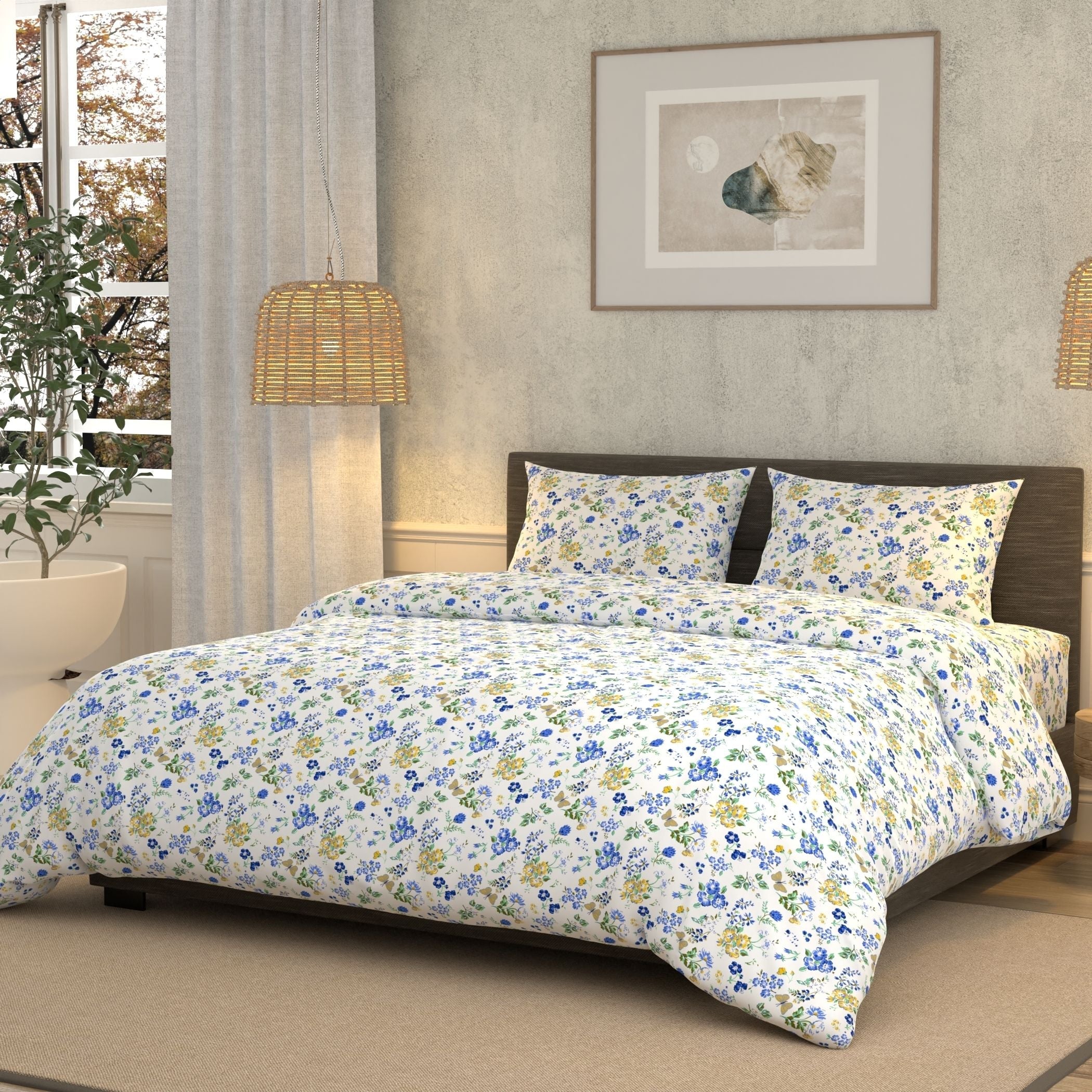 Cotton Super King Flat 180 TC Floral Bedsheet (Pack of 1, N Blue)