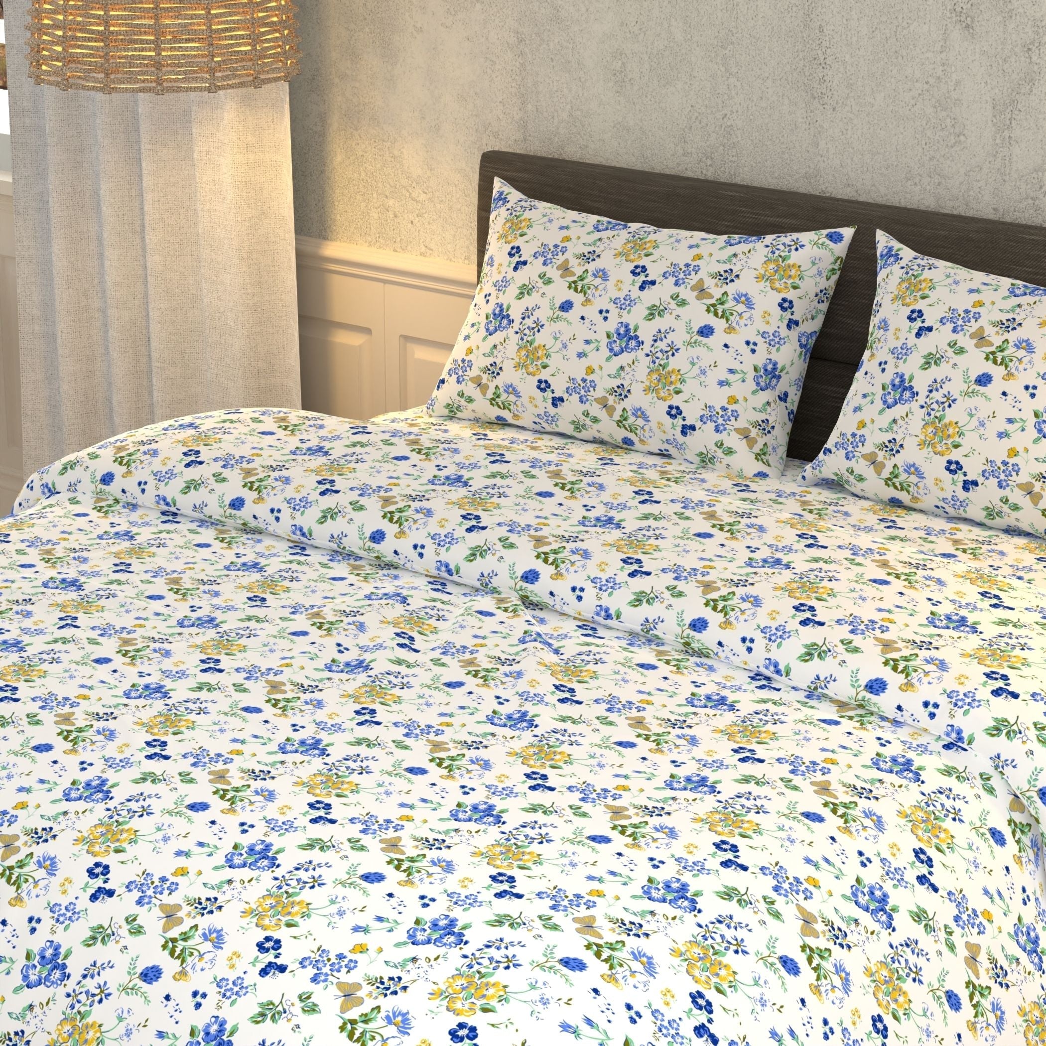 Cotton Super King Flat 180 TC Floral Bedsheet (Pack of 1, N Blue)