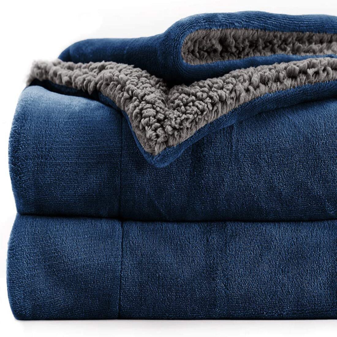 Solid Double Sherpa Blanket for  Heavy Winter (Woollen Blend, Blue)