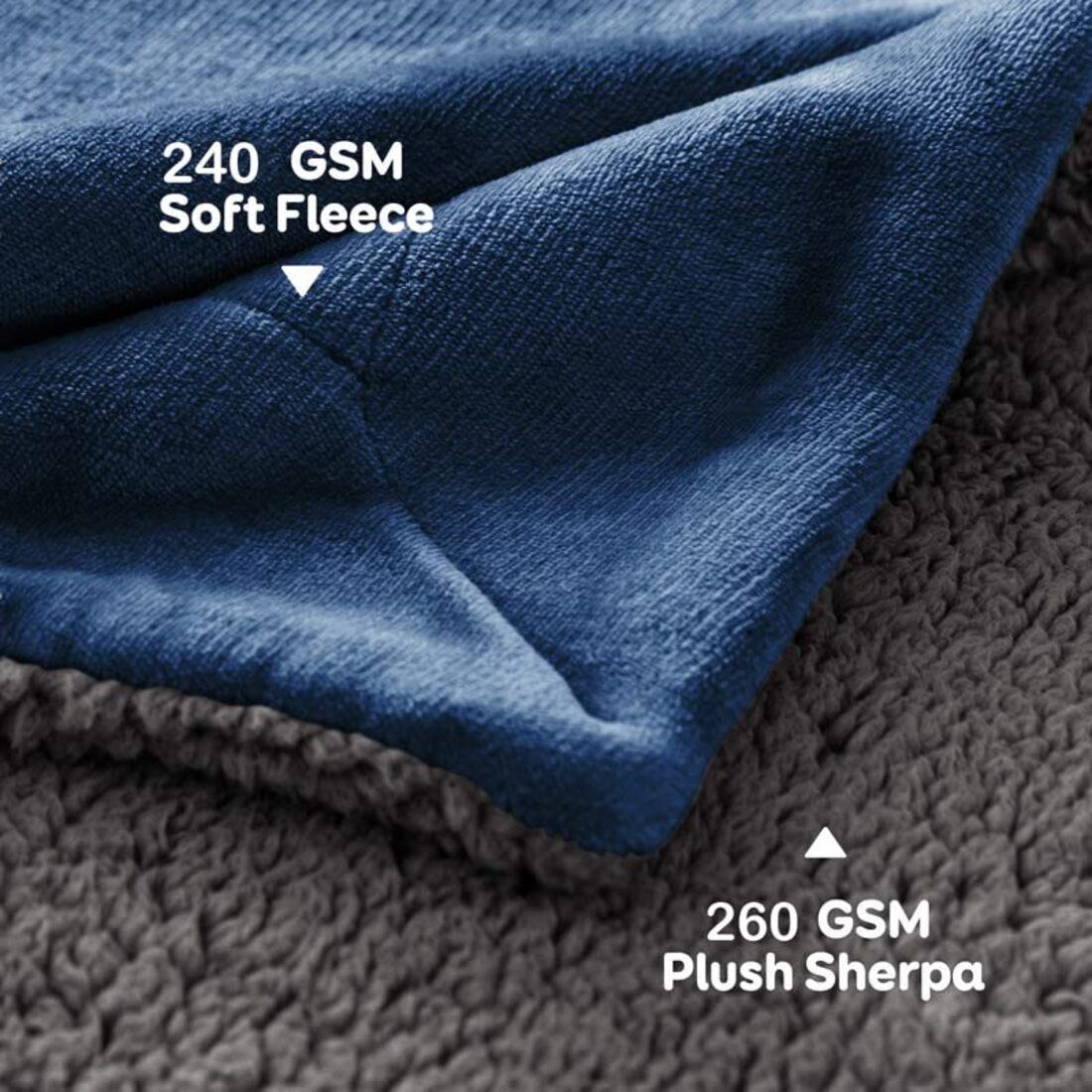 Solid Single Sherpa Blanket for  Heavy Winter (Woollen Blend, Blue)