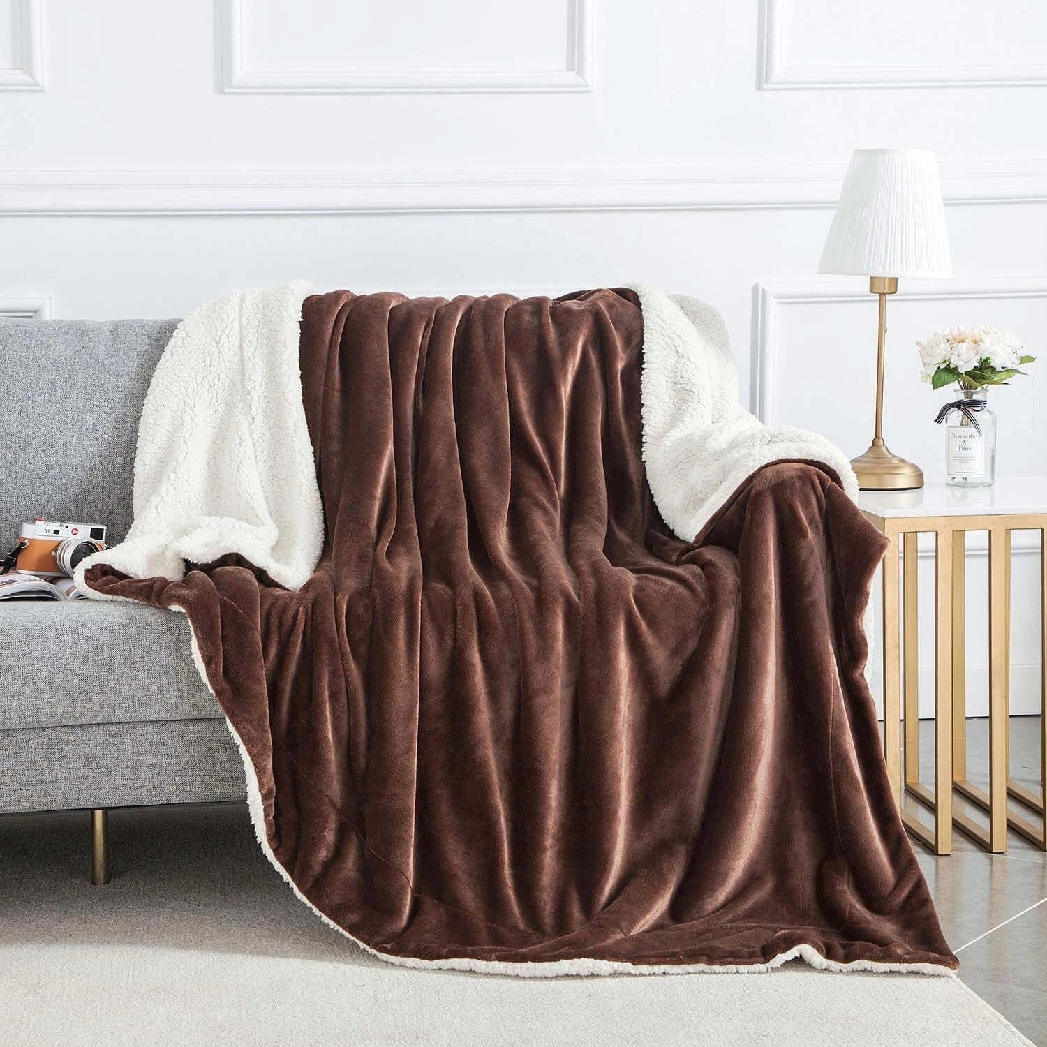 Solid Double Sherpa Blanket for  Heavy Winter (Woollen Blend, Brown)