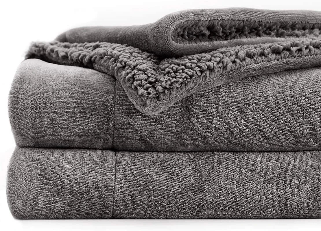 Solid Double Sherpa Blanket for  Heavy Winter (Woollen Blend, Grey)