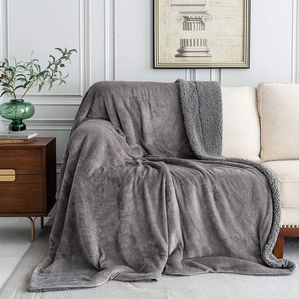 Solid Double Sherpa Blanket for  Heavy Winter (Woollen Blend, Grey)