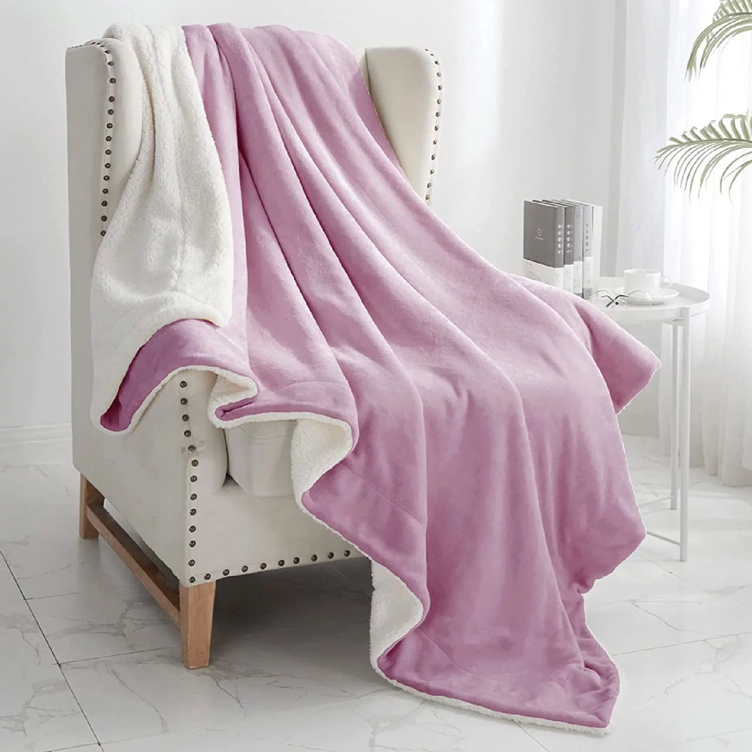 Solid Double Sherpa Blanket for  Heavy Winter (Woollen Blend, Pink)