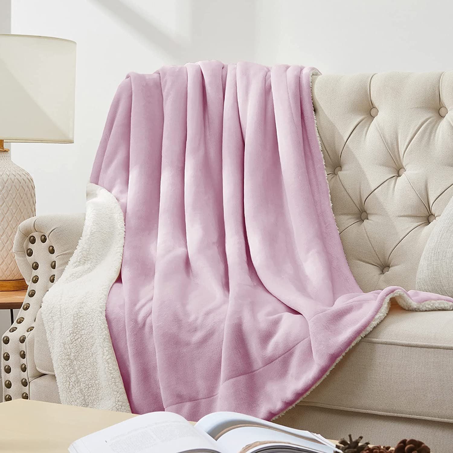 Solid Double Sherpa Blanket for  Heavy Winter (Woollen Blend, Pink)