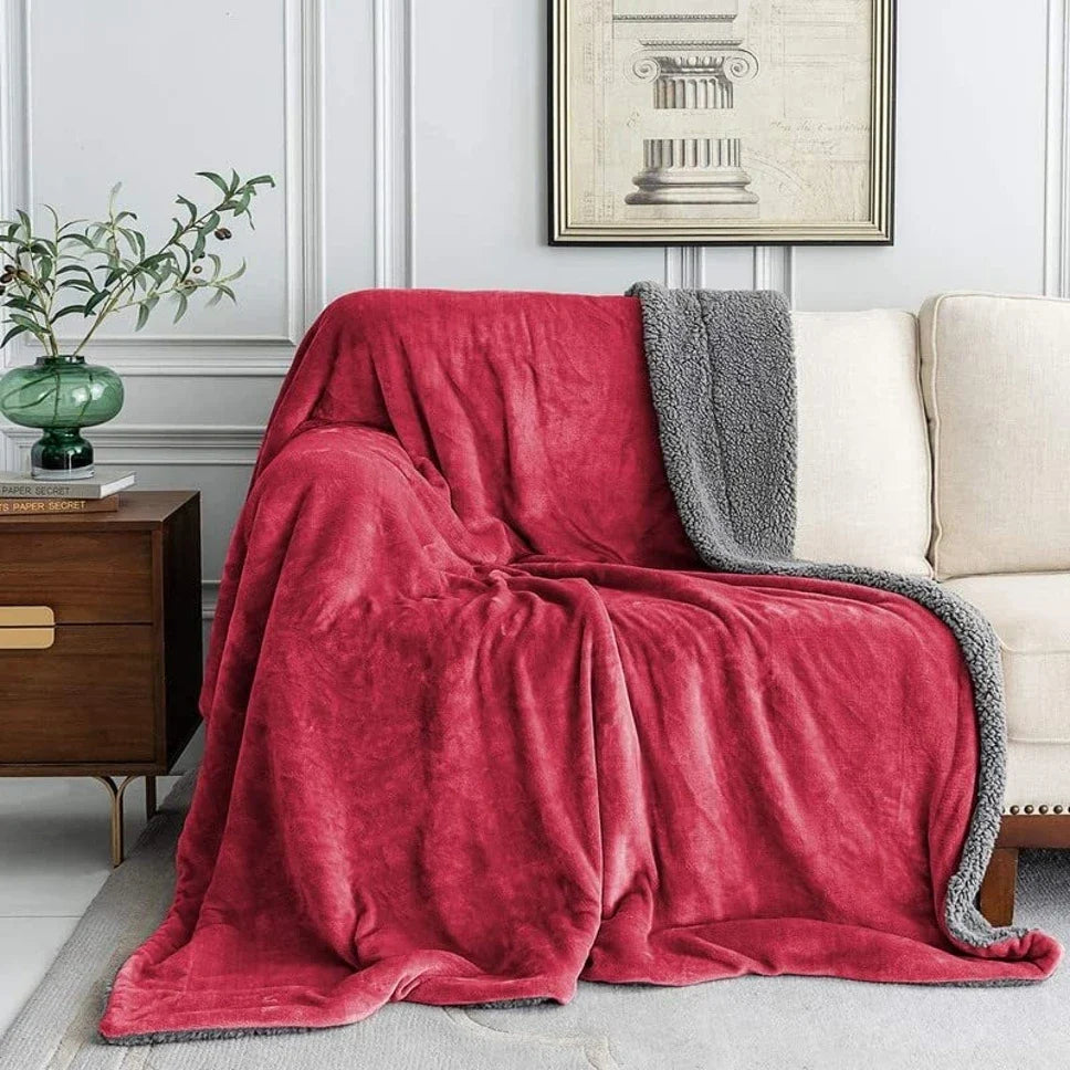 Solid Double Sherpa Blanket for  Heavy Winter (Woollen Blend, Maroon)