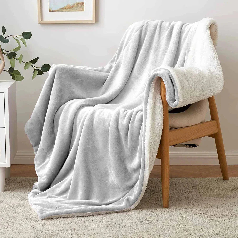 Solid Double Sherpa Blanket for  Heavy Winter (Woollen Blend, Silver)