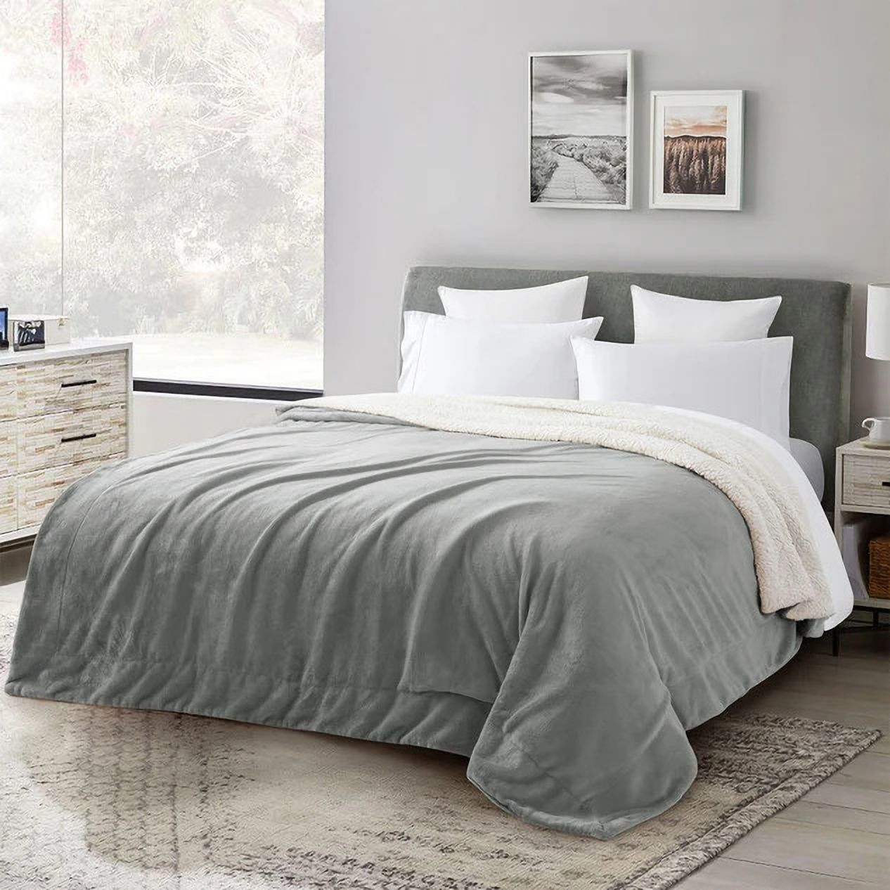 Solid Double Sherpa Blanket for  Heavy Winter (Woollen Blend, Silver)