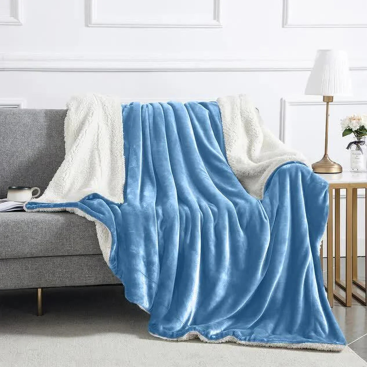 Solid Double Sherpa Blanket for  Heavy Winter (Woollen Blend, Sky Blue)