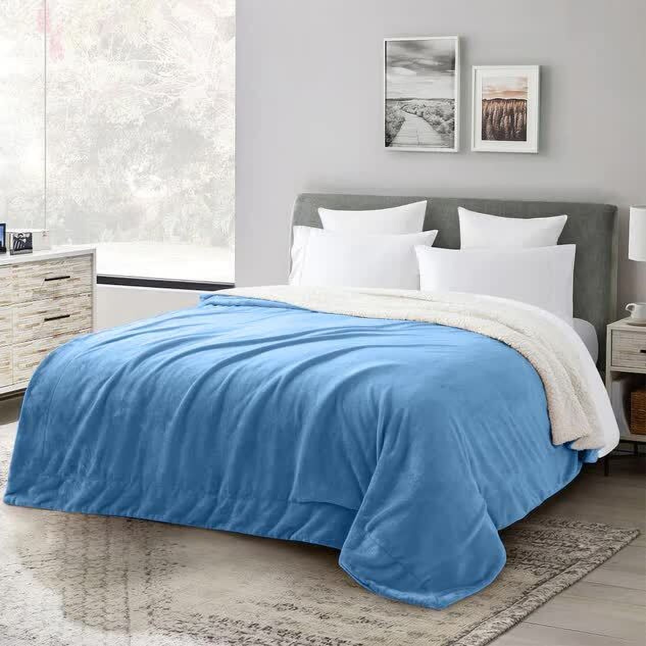 Solid Double Sherpa Blanket for  Heavy Winter (Woollen Blend, Sky Blue)