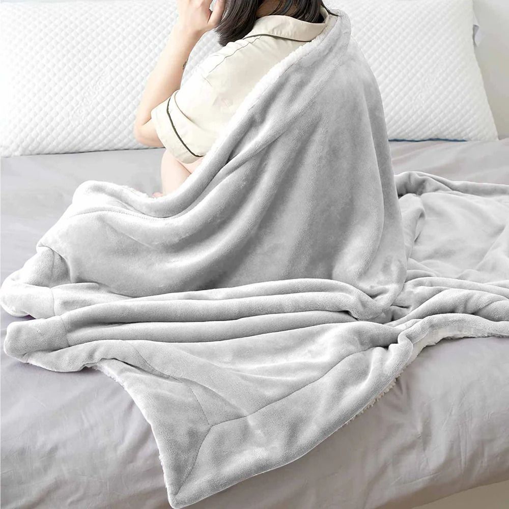 Solid Single Sherpa Blanket for  Heavy Winter (Woollen Blend, Silver)