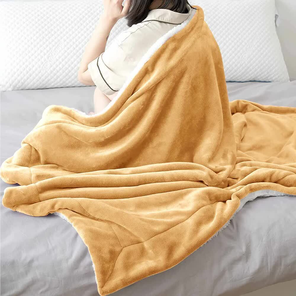 Solid Single Sherpa Blanket for  Heavy Winter (Woollen Blend, Beige)