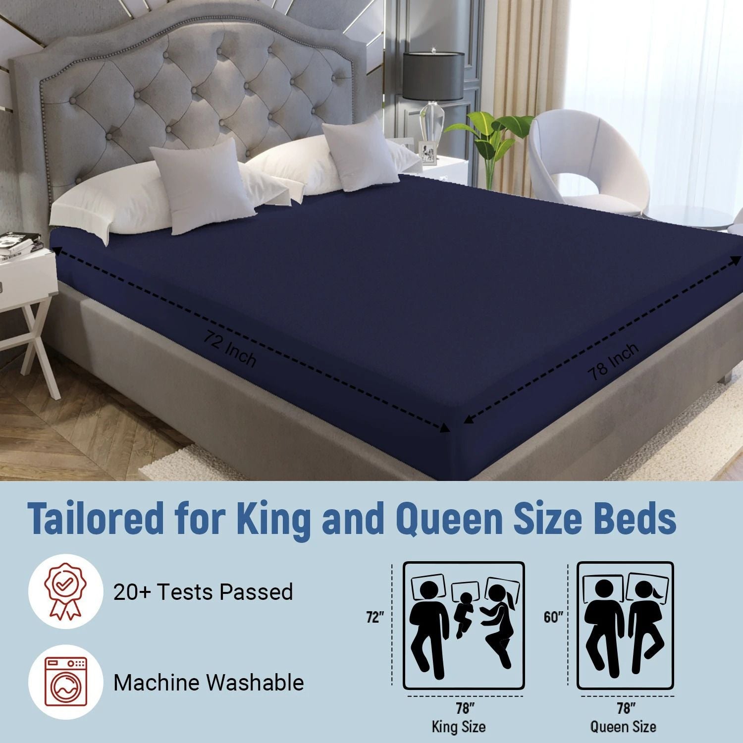 Fitted King Size Breathable, Stretchable, Waterproof Mattress Cover (Blue)