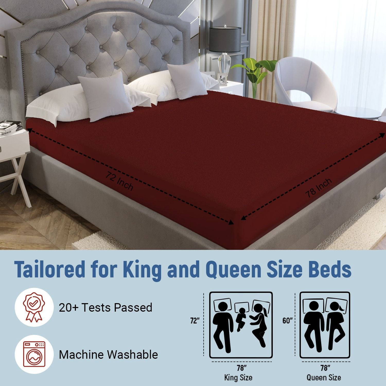 Fitted King Size Breathable, Stretchable, Waterproof Mattress Cover (Maroon)